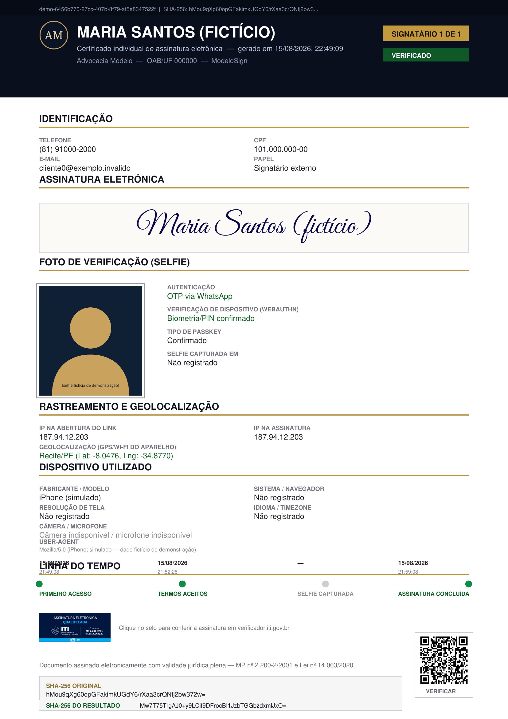 Certificado do assinador eletrônico com selfie, geolocalização, dispositivo, selo ICP-Brasil do ITI e hash SHA-256