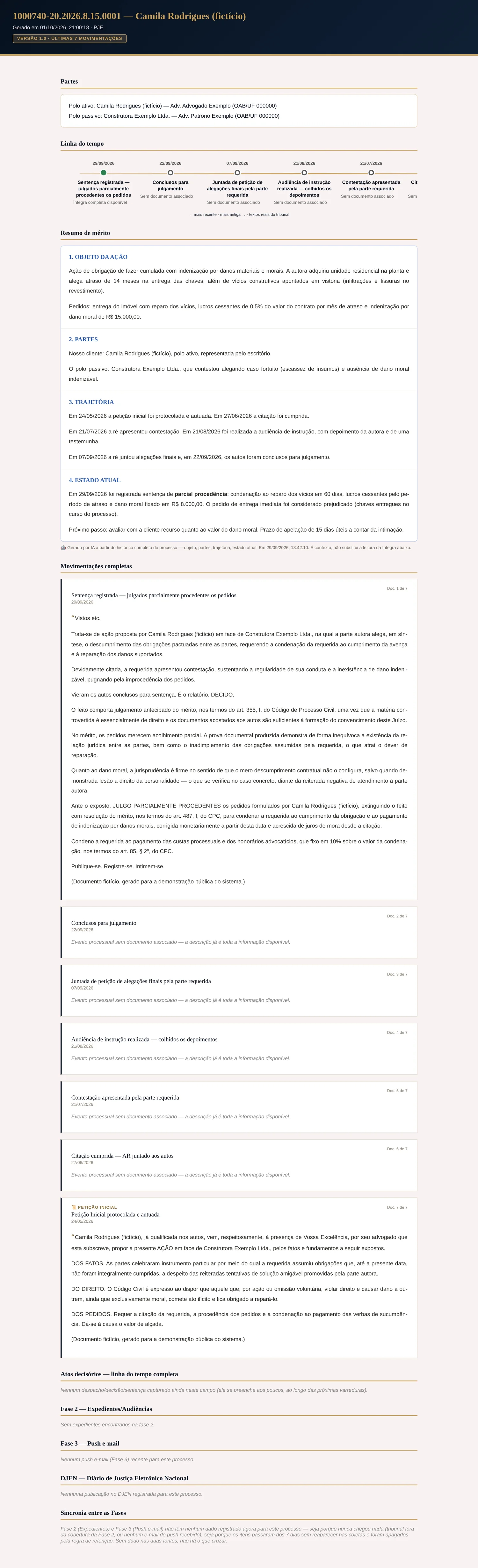Relatório Consolidado com resumo de mérito gerado por IA, linha do tempo e todas as fontes processuais reunidas