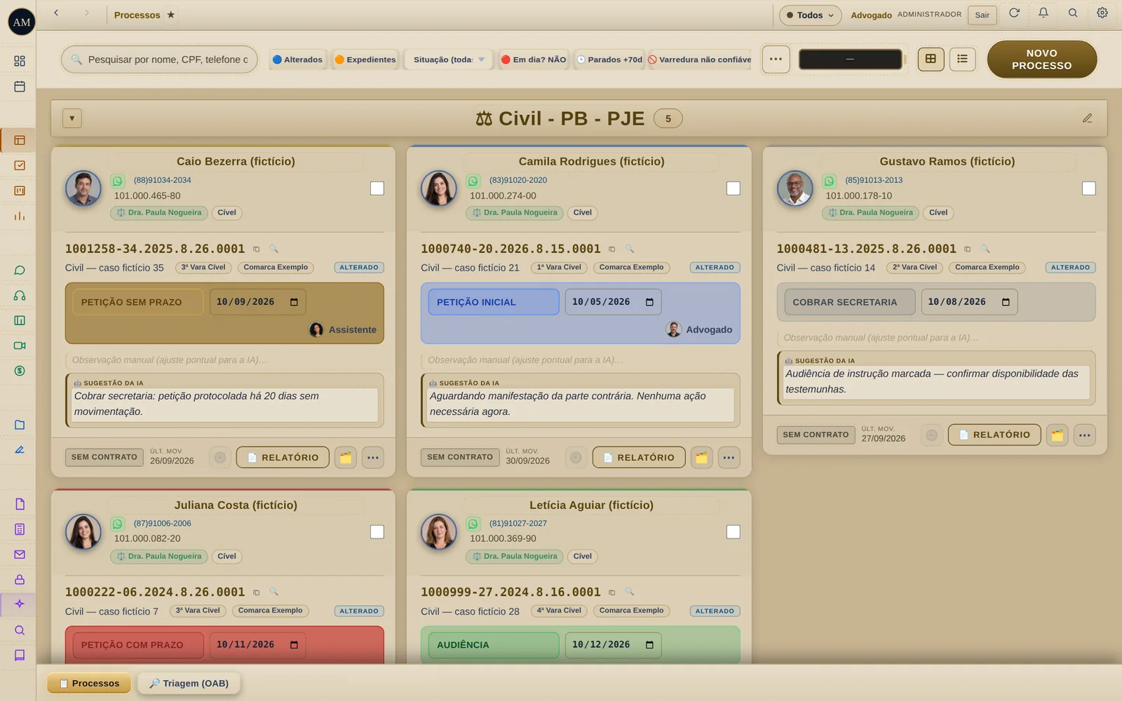 Gavetas e cards de processos com dados fictícios, cada card identificado pelo advogado responsável