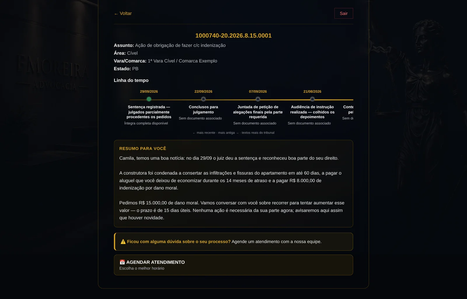 Processo aberto no Portal do Cliente, com linha do tempo e resumo escrito pelo escritório em linguagem simples