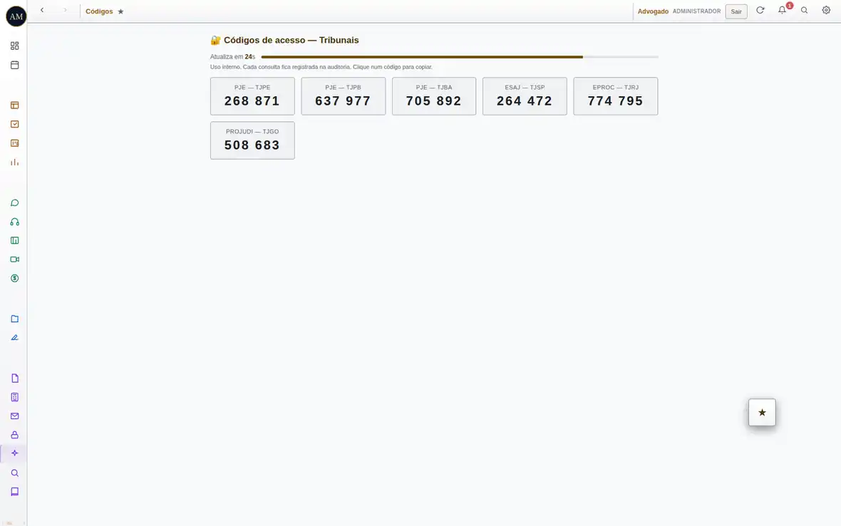 Códigos de autenticação disponíveis para usuários autorizados