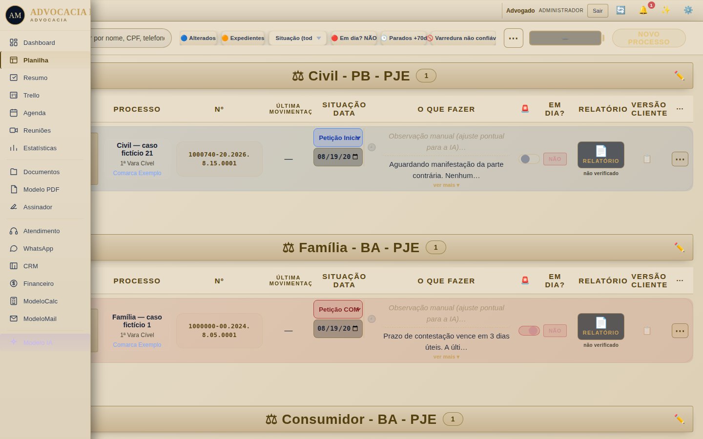 Planilha do sistema mostrando processos classificados automaticamente por situação, com badges coloridos por tipo