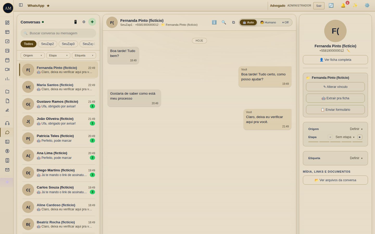 Inbox de WhatsApp do sistema com múltiplos números do escritório numa caixa só